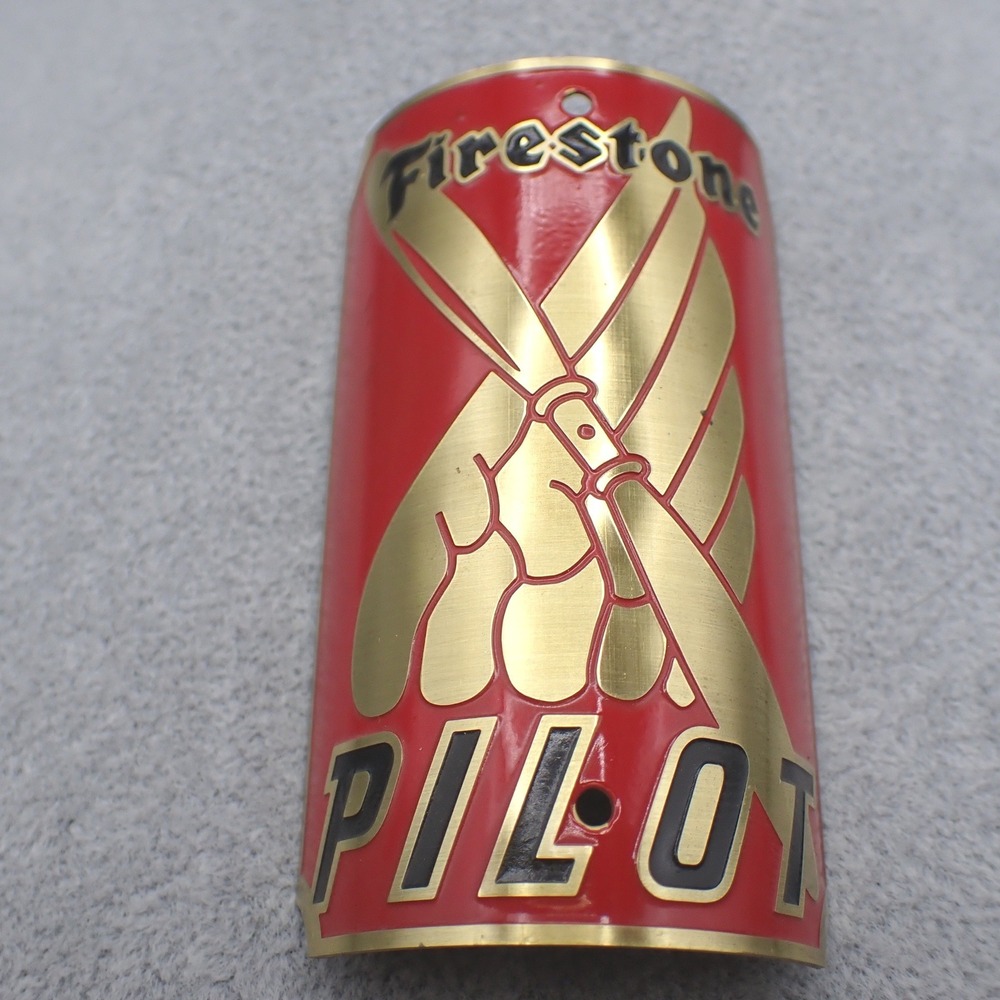 Firestone Pilot Bicycle Head Badge Brass Red Enamel Vintage Style Emblem 0065